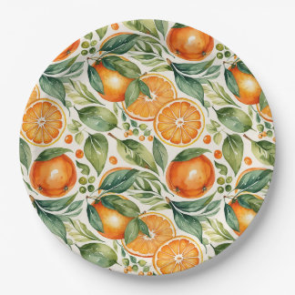 Floral Watercolor Orange Citrus Botanical Pattern Paper Plate