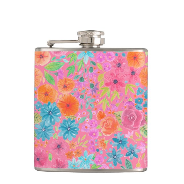 Floral watercolor pattern in pink hip flask (Front)