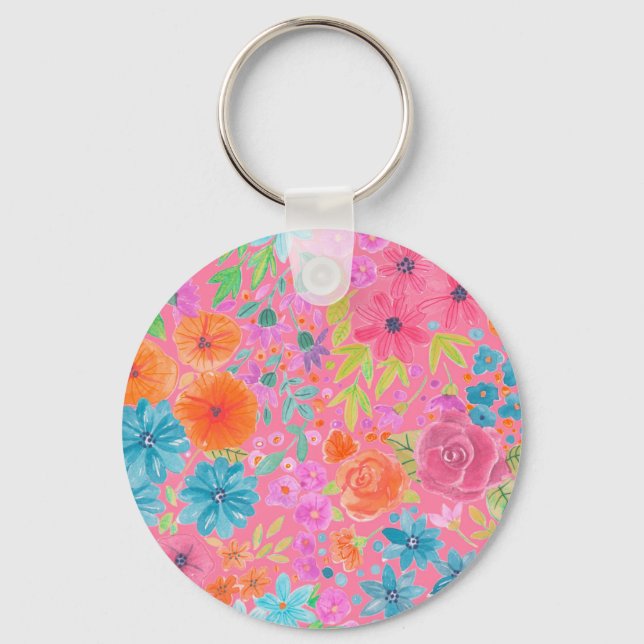 Floral watercolor pattern in pink key ring (Front)
