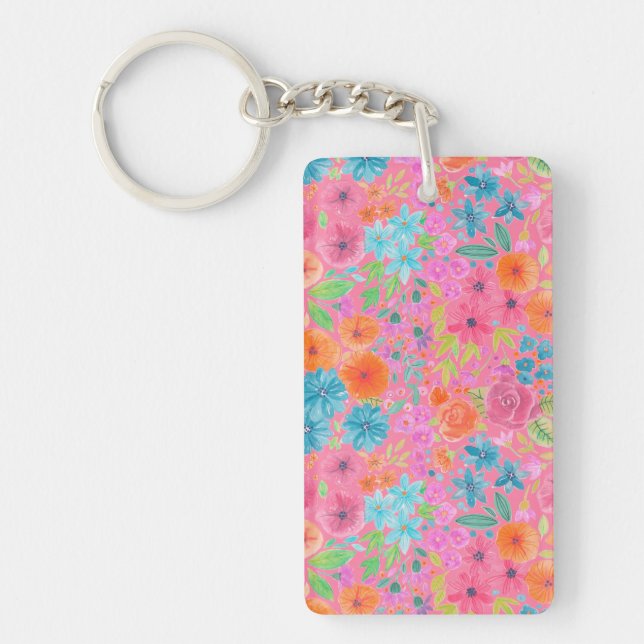 Floral watercolor pattern in pink key ring (Front)