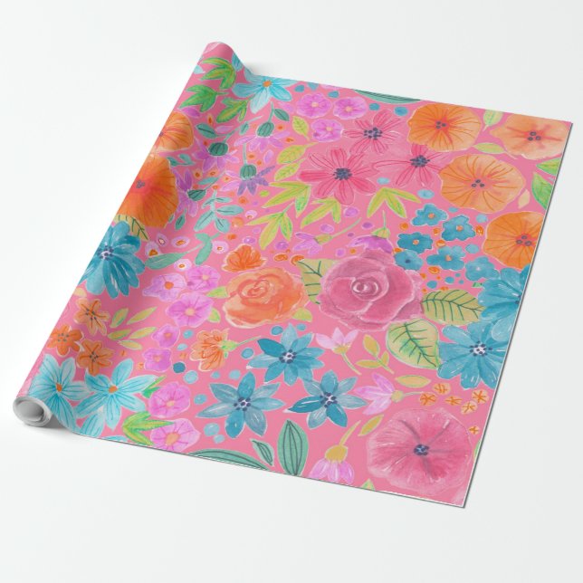 Floral watercolor pattern in pink wrapping paper (Unrolled)