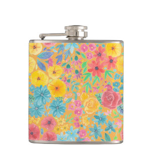 Floral watercolor pattern in yellow hip flask