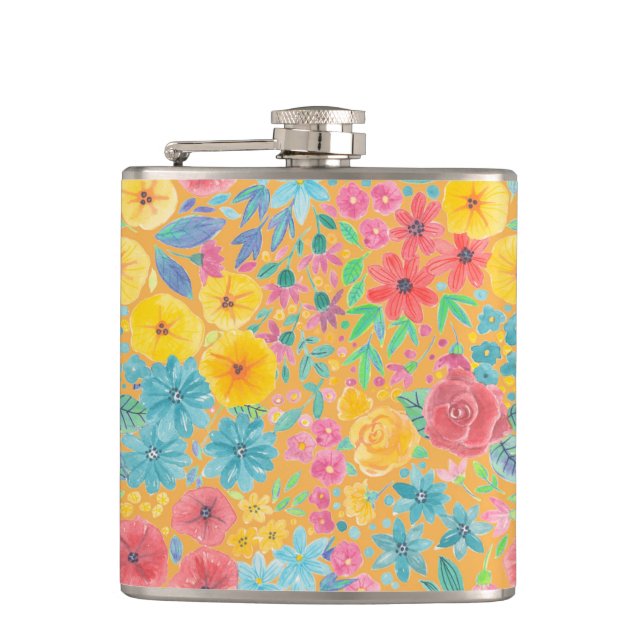 Floral watercolor pattern in yellow hip flask (Front)