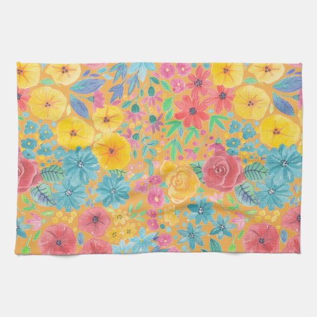 Floral watercolor pattern in yellow tea towel (Horizontal)