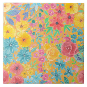 Floral watercolor pattern in yellow tile