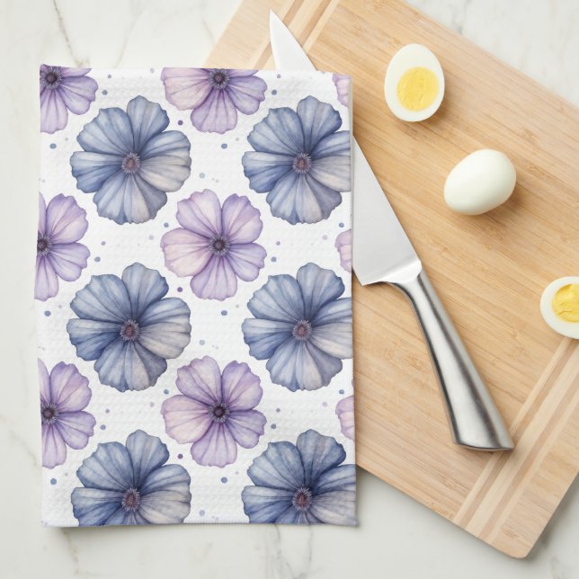 Floral Watercolor Pattern Lavender and Blue Tea Towel (Quarter Fold)