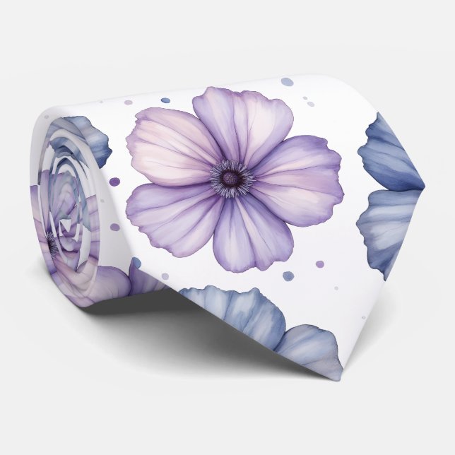 Floral Watercolor Pattern Lavender and Blue Tie (Rolled)