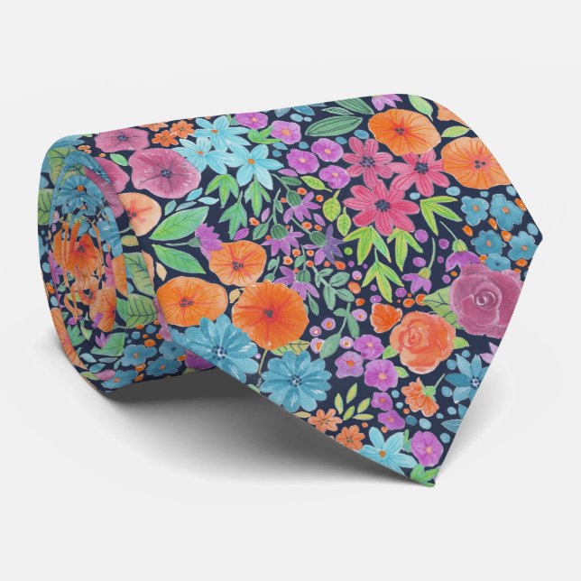 Floral watercolor pattern neck tie (Rolled)