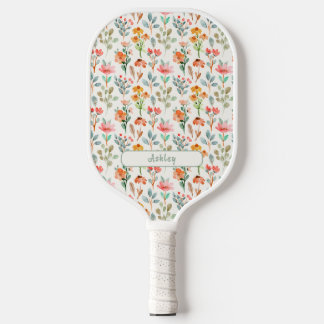 Floral watercolor pattern of wildflowers and name pickleball paddle