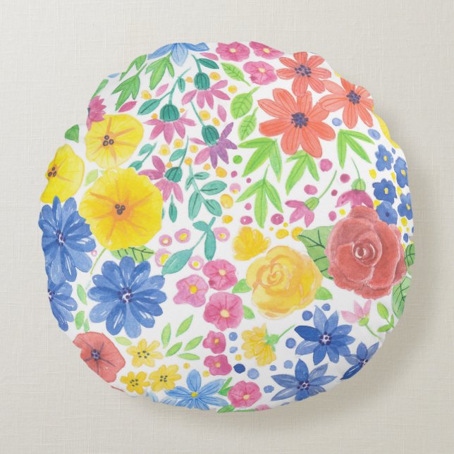 Floral watercolor pattern round cushion (Front)