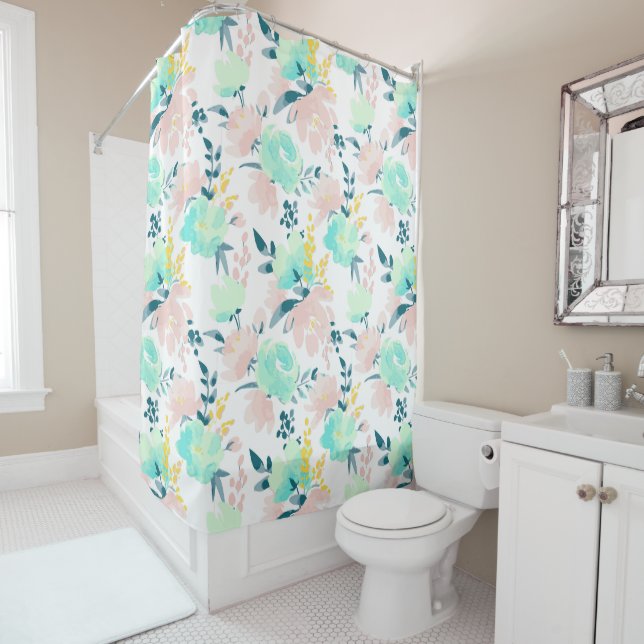Floral Watercolor Pattern Shower Curtain (In Situ)