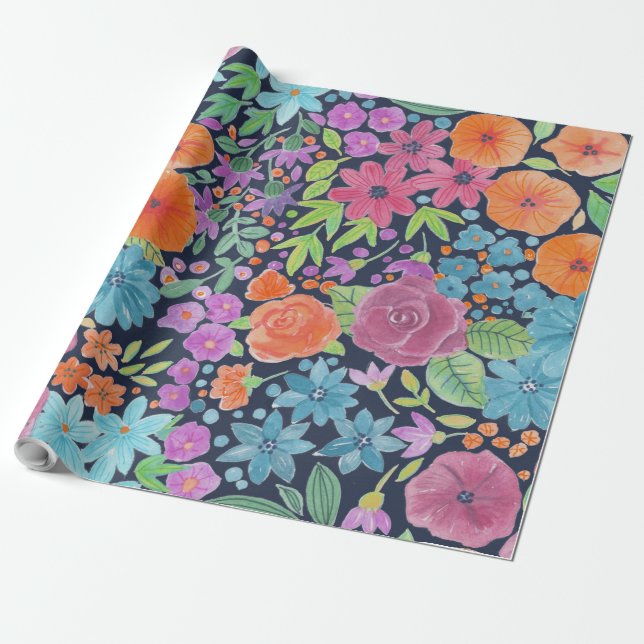 Floral watercolor pattern wrapping paper (Unrolled)