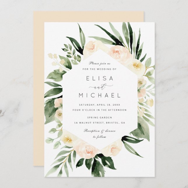 Floral Watercolor Peach Blush Modern Minimal Invitation (Front/Back)