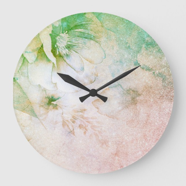 *~* Floral Watercolor Peach Pink Glitter Celestial Large Clock (Front)