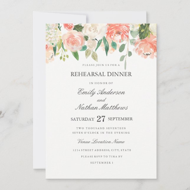 Floral Watercolor Peach Wedding Rehearsal Dinner Invitation (Front)