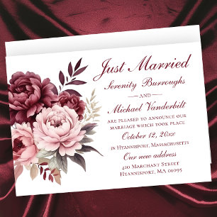 Floral Watercolor Peony Just Married Wedding Announcement