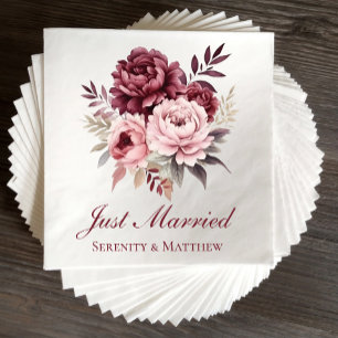 Floral  Watercolor Peony Just Married Wedding Napkin
