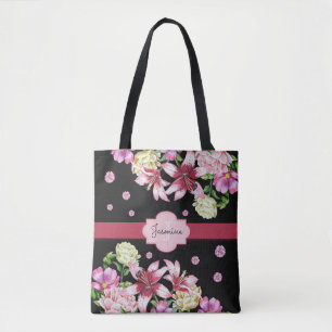 Floral Watercolor Peony Lily Personalised Black Tote Bag