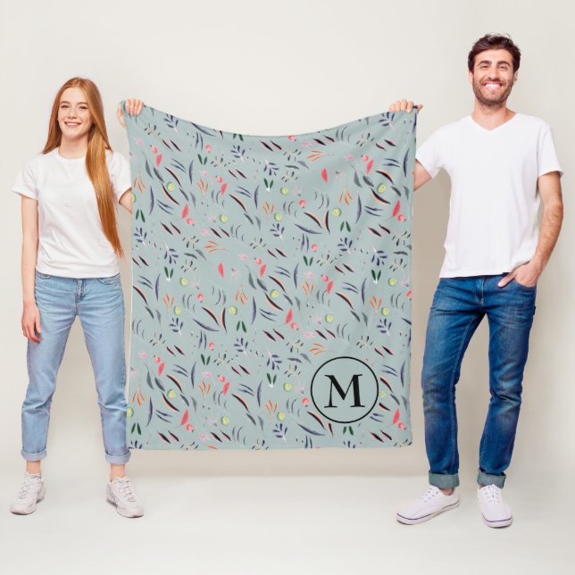 Floral Watercolor Personal Monogram Fleece Blanket (In Situ)