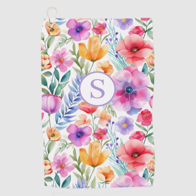 Floral Watercolor Personalised  Golf Towel (Front)