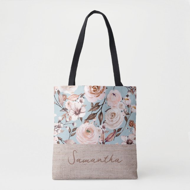 Floral Watercolor Personalised Name Tote Bag (Front)