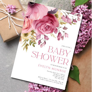 Floral Watercolor Pink Baby Shower Invitation