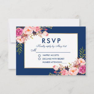Floral Watercolor Pink Blue Gold RSVP Wedding B Card