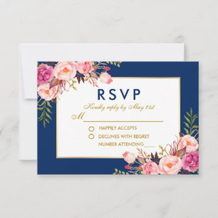 Floral Watercolor Pink Blue Gold Wedding RSVP Card
