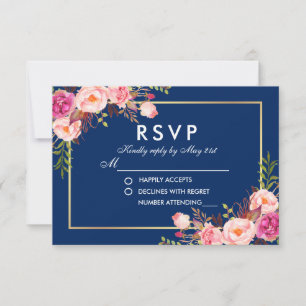 Floral Watercolor Pink Blush Blue RSVP Wedding Card