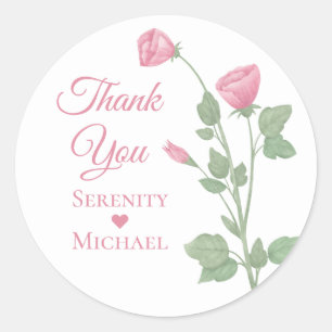 Floral Watercolor Pink Flowers Wedding Thank You Classic Round Sticker
