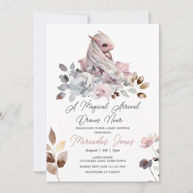 Floral Watercolor Pink Girl Dragon Baby Shower  Invitation (Front)