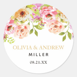 Floral Watercolor Pink Orange Arrangement   Classic Round Sticker