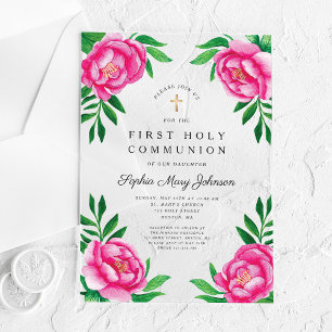 Floral Watercolor Pink Peonies First Communion Acrylic Invitations