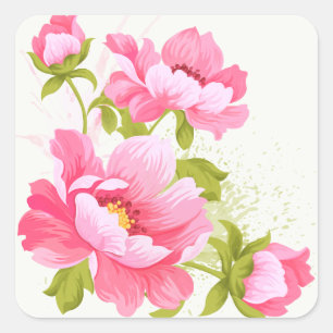 Floral Watercolor Pink Peonies Flower Wedding Square Sticker