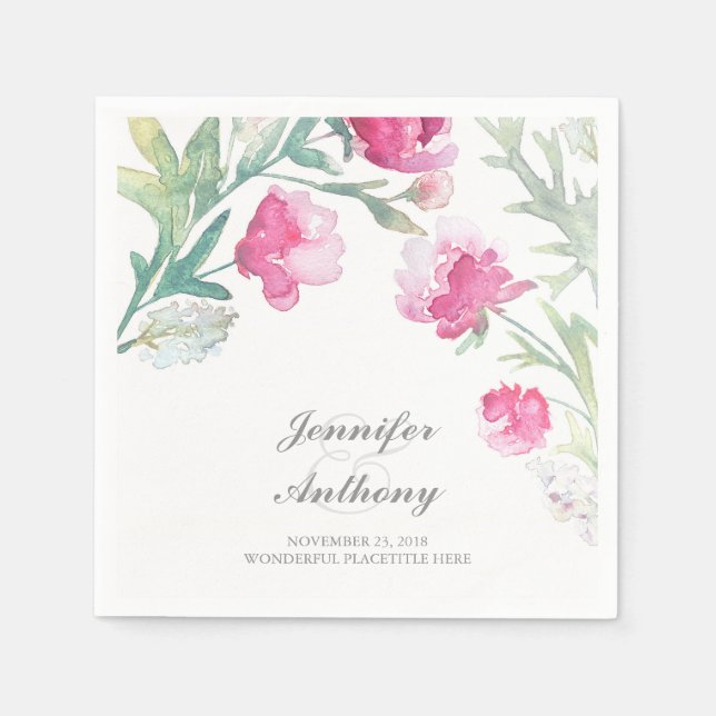 Floral Watercolor Pink Peony Bouquet Wedding Napkin (Front)