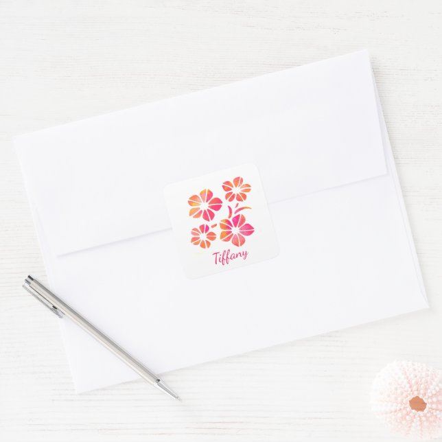 Floral watercolor pink yellow custom saturated square sticker (Envelope)