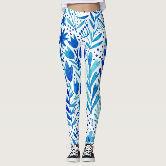 Floral Watercolor Plants Seamless Texture Leggings (Front)