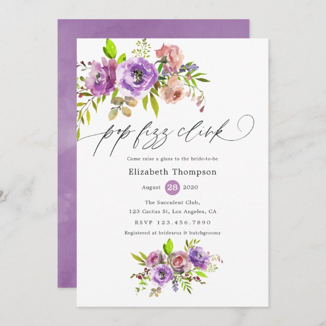 Floral Watercolor Pop Fizz Clink Bridal Shower Invitation (Front/Back)