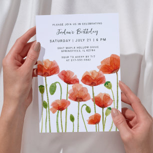 Floral Watercolor Poppies Modern Any Age Birthday  Invitation