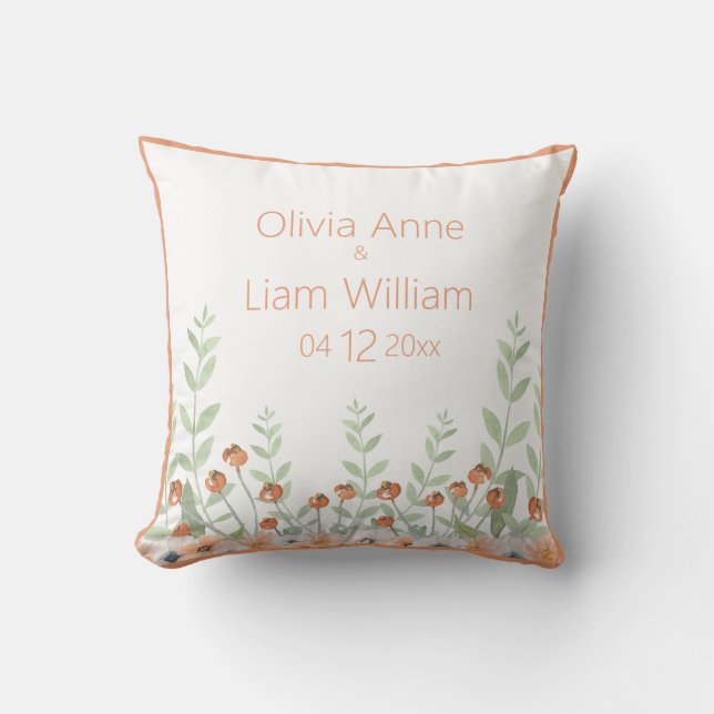 Floral Watercolor Poppies Mums Modern Name Wedding Cushion (Front)
