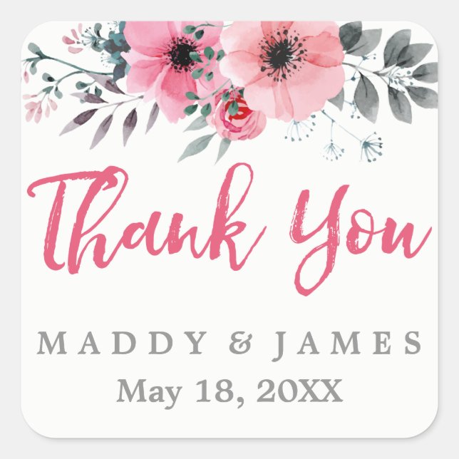 Floral Watercolor Poppies Wedding Thank You Square Sticker (Front)