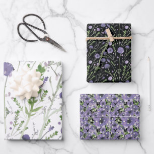 Floral Watercolor Purple Green Black Decoupage Wrapping Paper Sheet