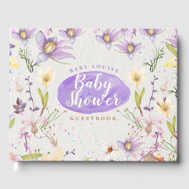 Floral Watercolor Purple Personalised Baby Shower Guest Book (Front)