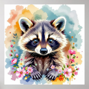 Floral Watercolor Racoon Poster