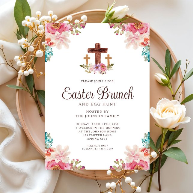Floral Watercolor Religious Cross Easter Brunch Invitation (Floral Watercolor Religious Cross Easter Brunch Invitation)