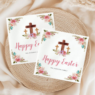 Floral Watercolor Religious Cross Happy Easter  Napkin