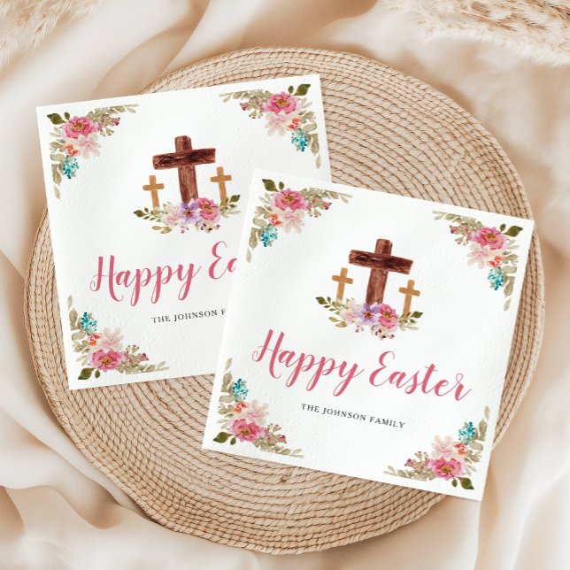 Floral Watercolor Religious Cross Happy Easter  Napkin (Floral Watercolor Religious Cross Happy Easter Napkins)