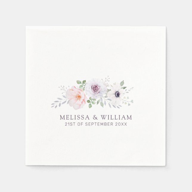 Floral Watercolor Rose Anemone Lilac White Wedding Napkin (Front)
