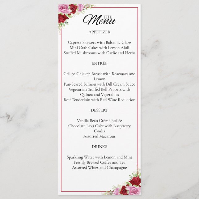 Floral Watercolor Rose Wedding Menu (Front)