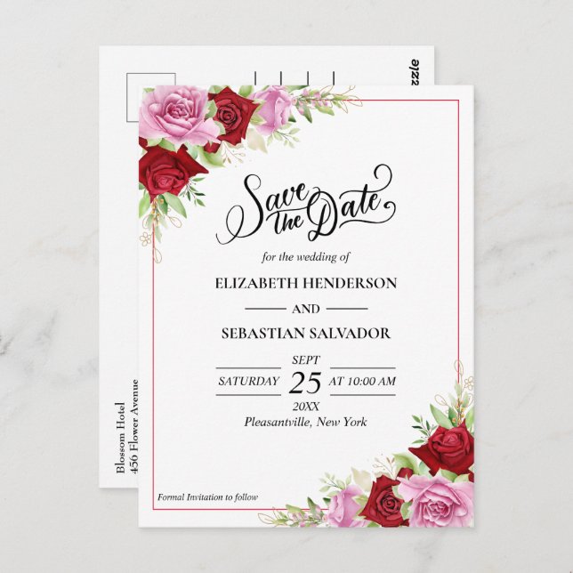 Floral Watercolor Rose Wedding Save The Date Postcard (Front/Back)